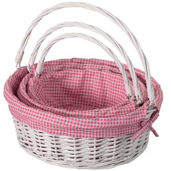 Wickerwise White Round Willow Gift Basket with Pink and White Gingham Liner and Sturdy Foldable Handles 3 Set QI004620.PK.3 - main